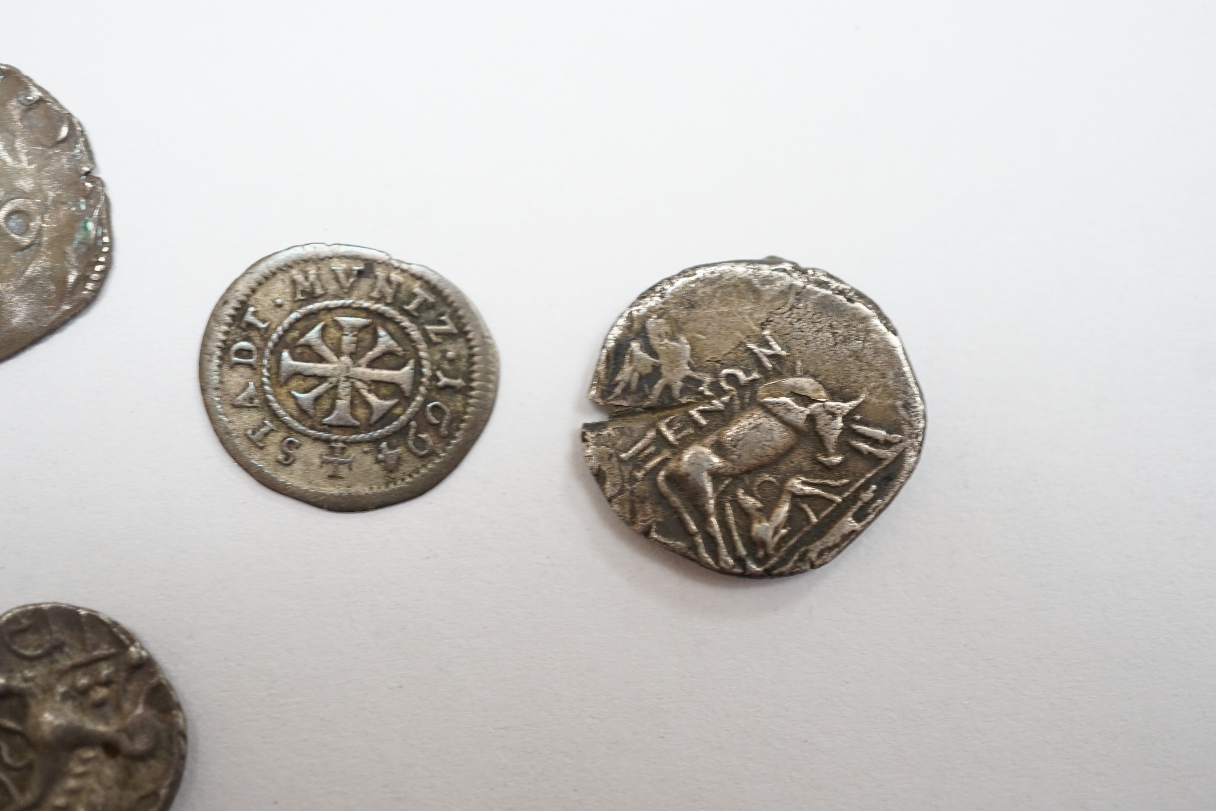 Greek, Celtic and European medieval coinage to include an AR drachm, Illyria, an Iceni Antedios Anted silver unit, a Venetian AR grosso, two deniers tournois, a Charles the Bold 2 Stuivers and a fragment of a lead crucif